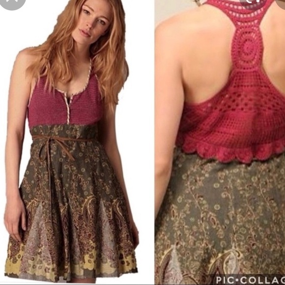 Free People Dresses & Skirts - Free People Heartland Paisley Mixed Media Crochet Dress - XS - Burgundy & Olive